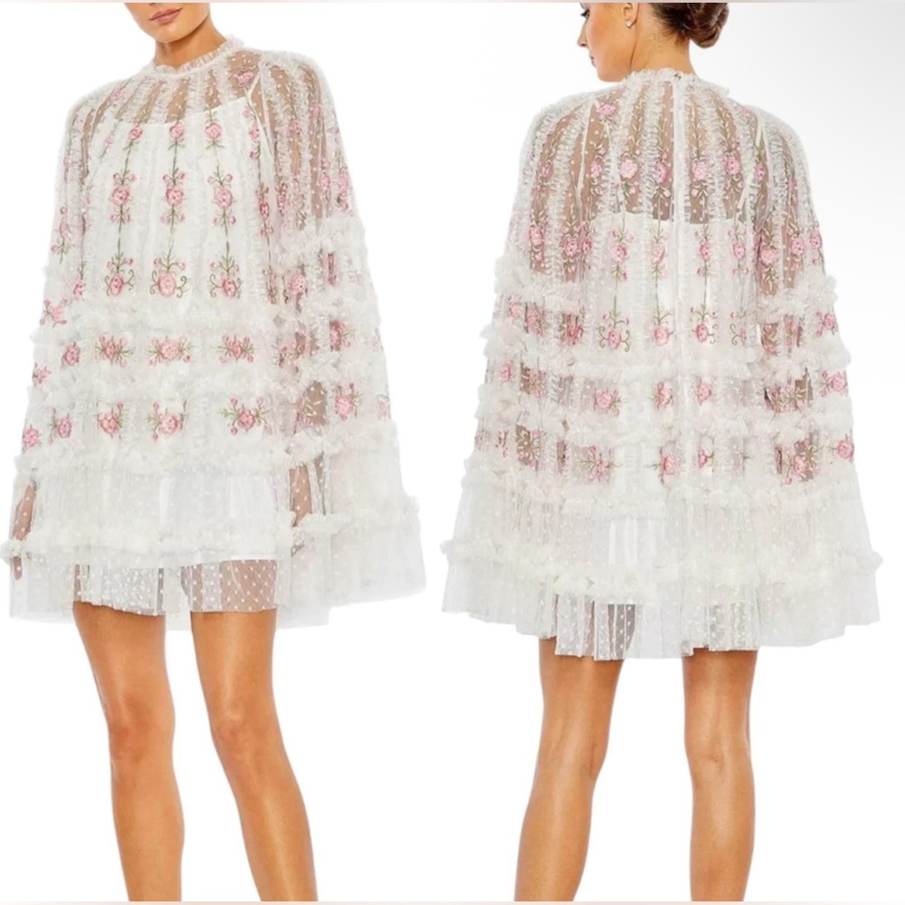 Mac Duggal White Embroidered Long Flare Sleeve Mesh A-Line Dress size 4